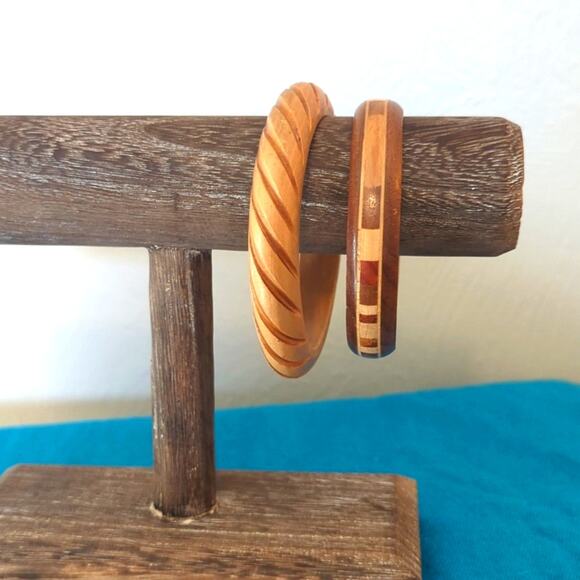 Two Wooden Bangle Bracelets One Carved with Swirl Pattern and One Inlay - Picture 1 of 5
